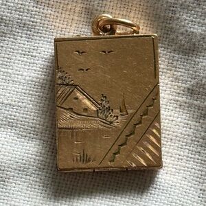 Vintage Gold GF Locket Pendant Engraved Landscape Pastoral Scene